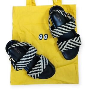 Charlotte Stone Chad Woven Slingback Raffia Sandals in Black Oat Cream Size 10